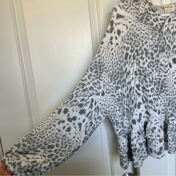 Peach Love Gray Animal Print Long Sleeve Ruffle Hoodie. Size Large - Picture 3 of 10